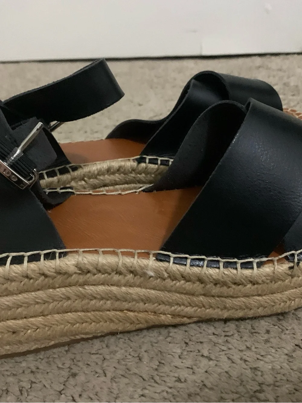Aldo Black Leather Espadrille Wedge Sandals with Ankle Strap